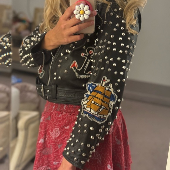 Zara Black and Red Leather Jacket with Studded Details - Picture 6 of 8